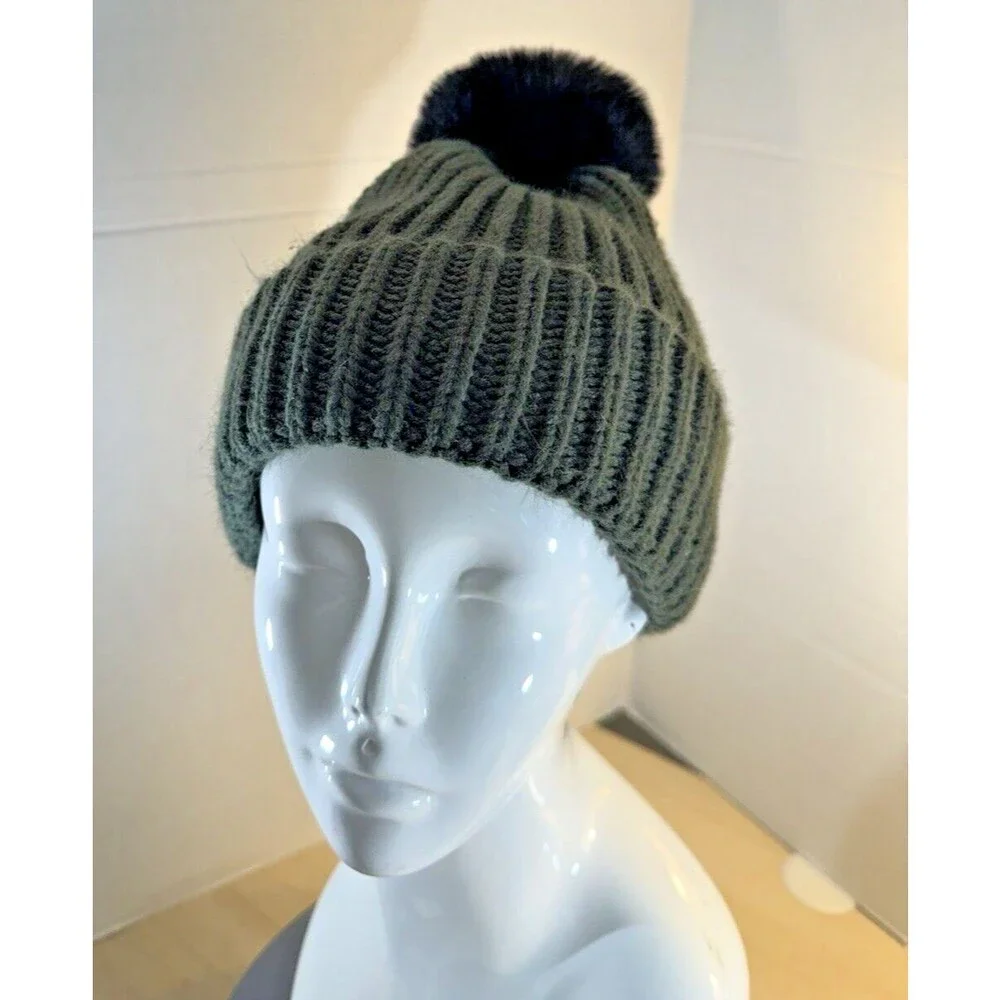 Steve Madden Green Cuffed Beanie with Black POM Winter Hat Ski Cap One Size